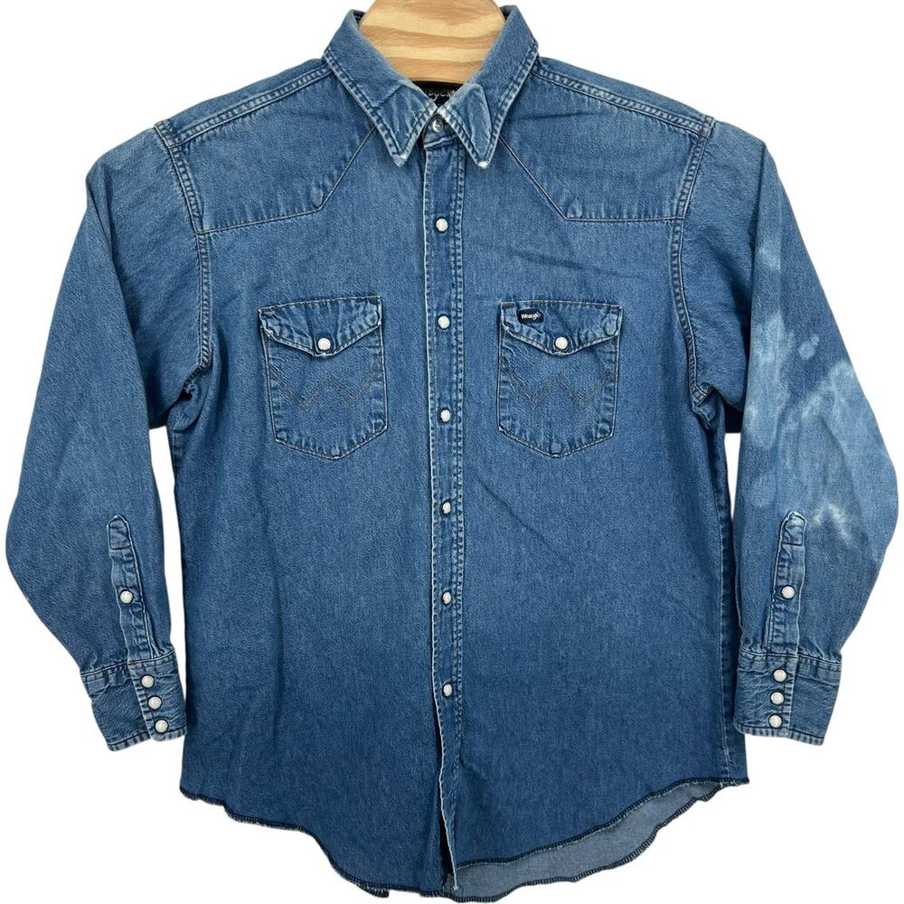 VTG 80s Men's Western Cowboy Wrangler 17.5 34 Denim Pearl Snap Button Shirt XL